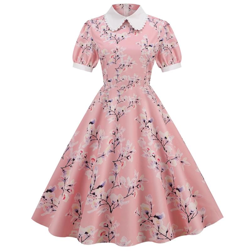 Women Collar Neck Cherry Blossoms Print Flare Retro Dress Pink