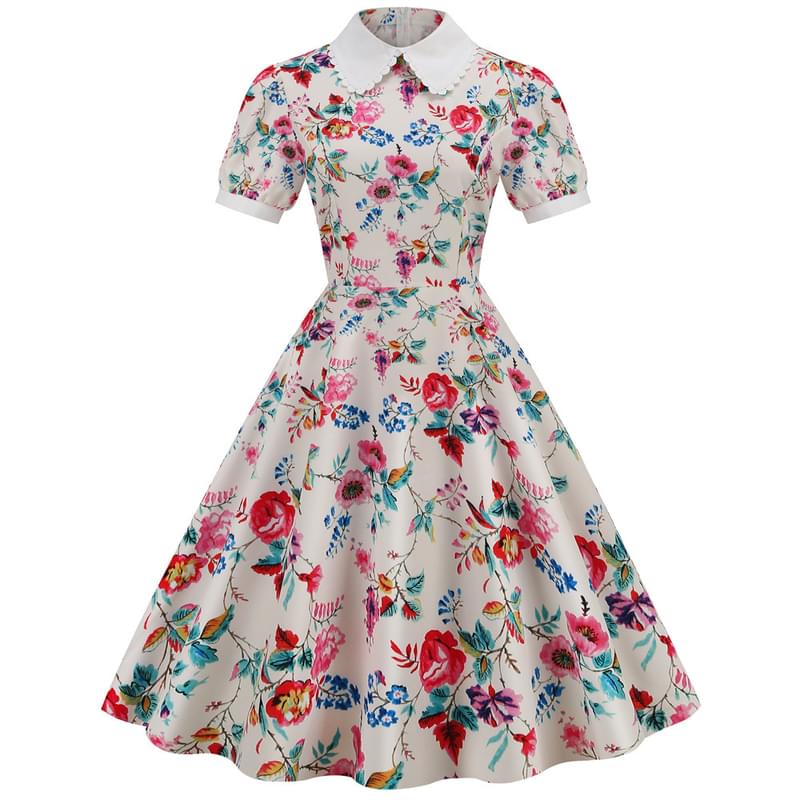 Women Collar Neck Flowers Print Flare Retro Dress