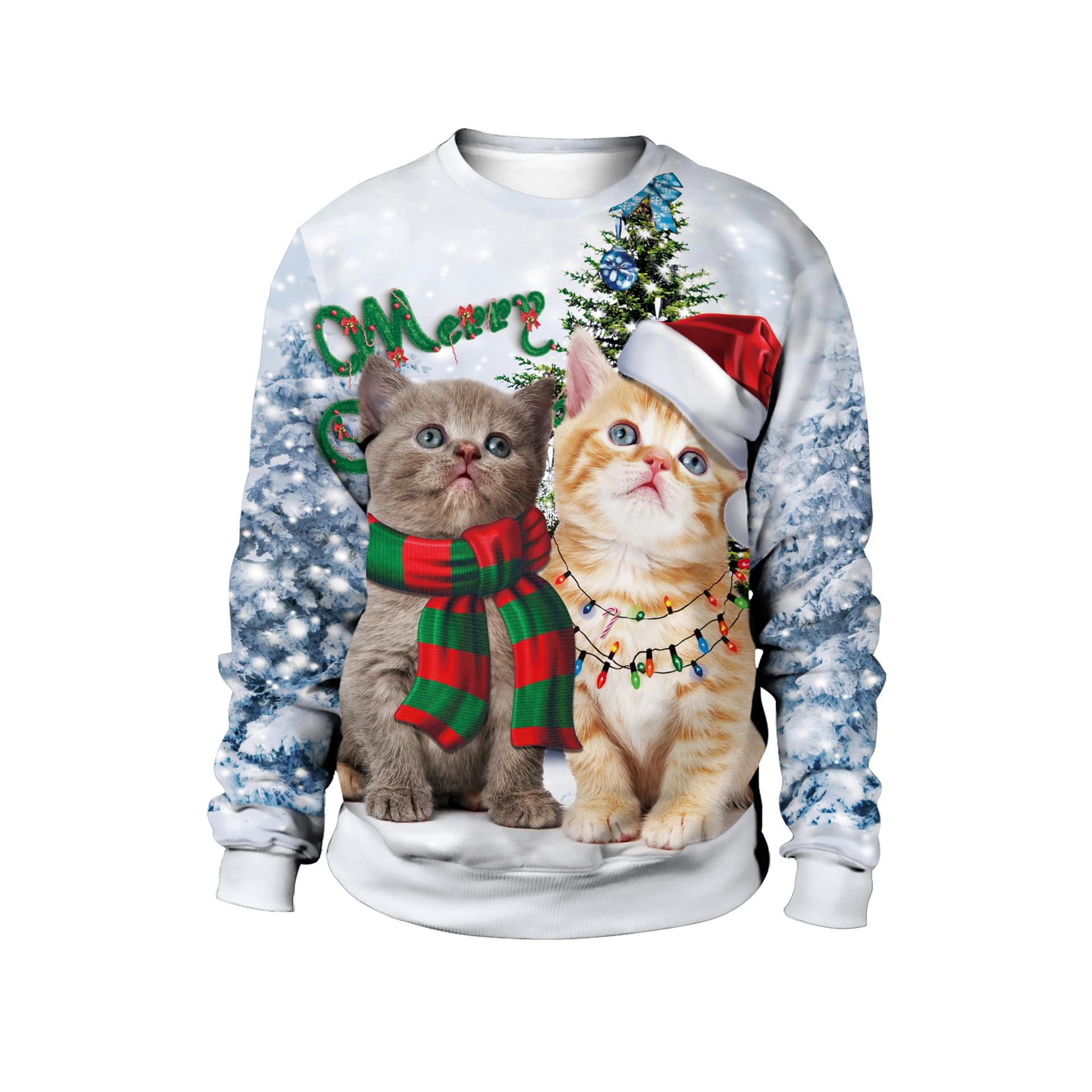 Cute Men Women Unisex Print Ugly Xmas Cat Print Sweatshirt