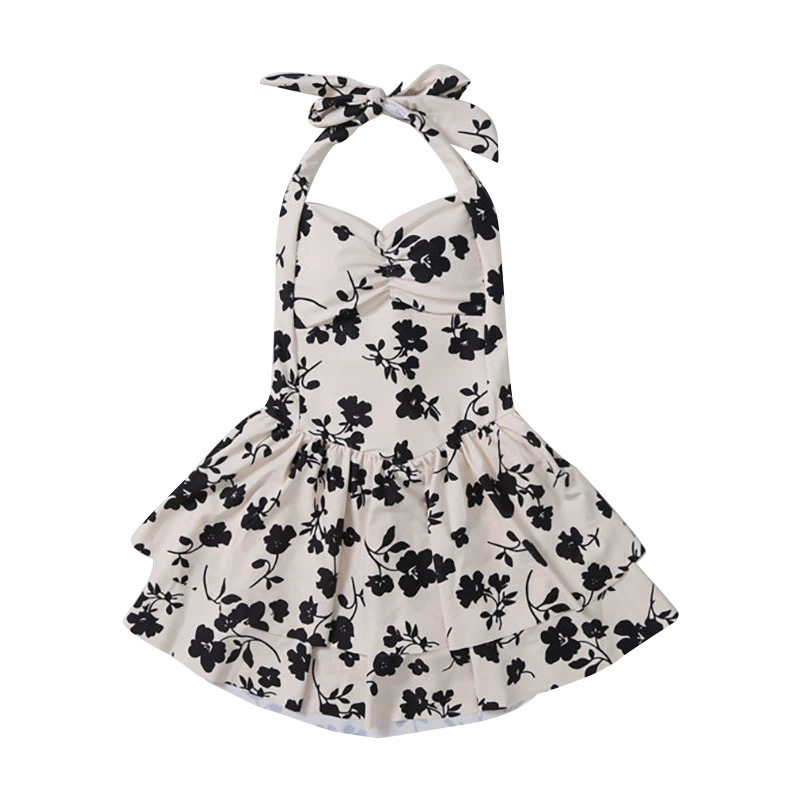 Womens Halter Swim Dress Black Floral One Piece Swimsuit