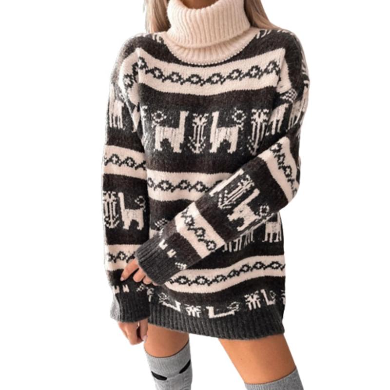 Ladies Holiday High Neck Reindeer Christmas Sweaters