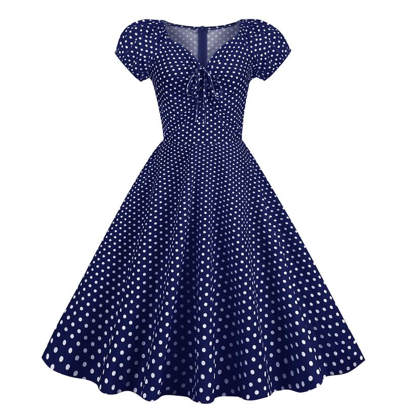 Women Tie V Neck Polka Dot Flare Vintage Dress Blue