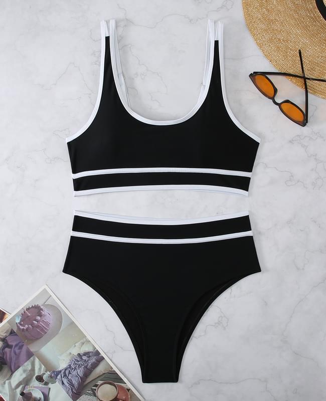 Womens Black Plain Scoop Bikini Top High Cut Two Piece Swimsuit