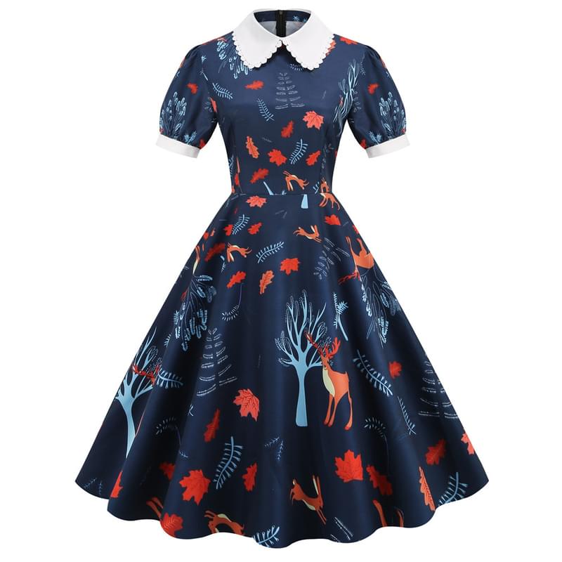 Women Collar Neck Reindeer Print Flare Retro Dress Blue