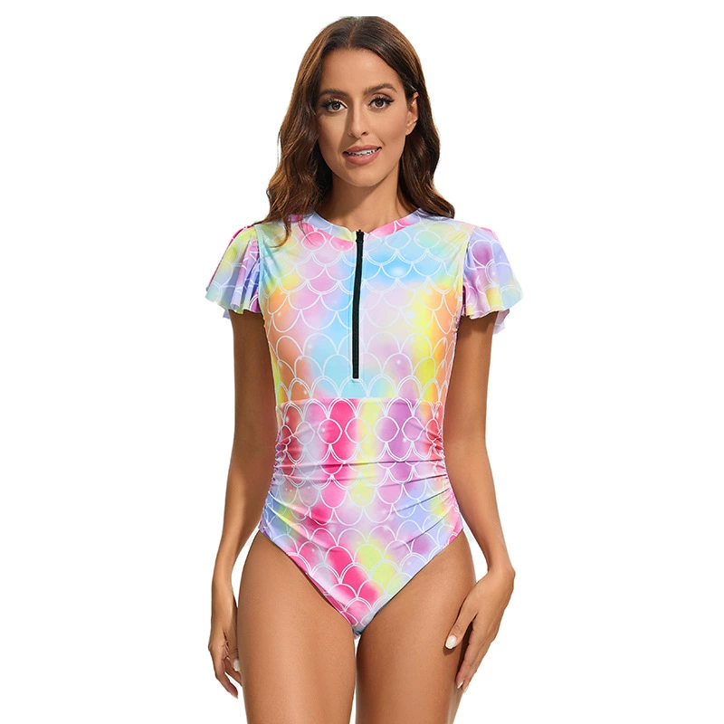 Women Fish Scales Print Zipper One Piece Swimsuits