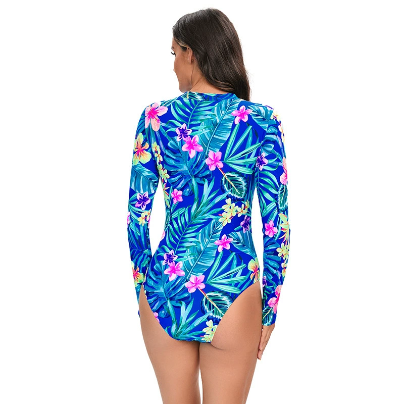 Women Long Sleeve Hawaiian Print Zipper One Piece Swimsuits
