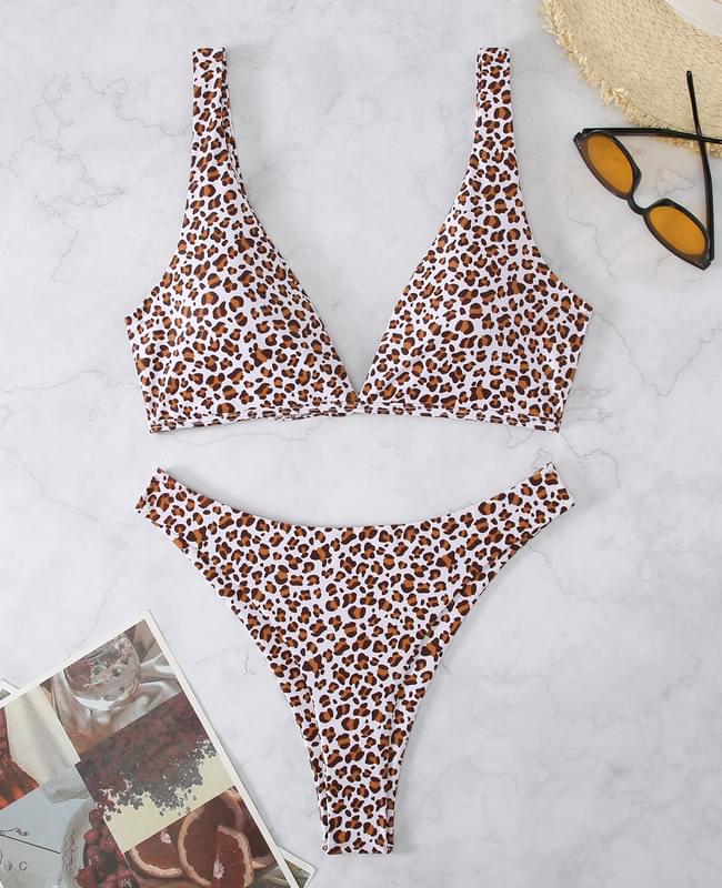 Brown Leopard Print Women In Two Piece Bathing Suits