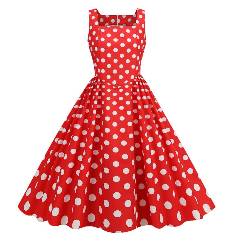 Women Sleeveless Square Neck Polka Dot Flare Vintage Dress Red