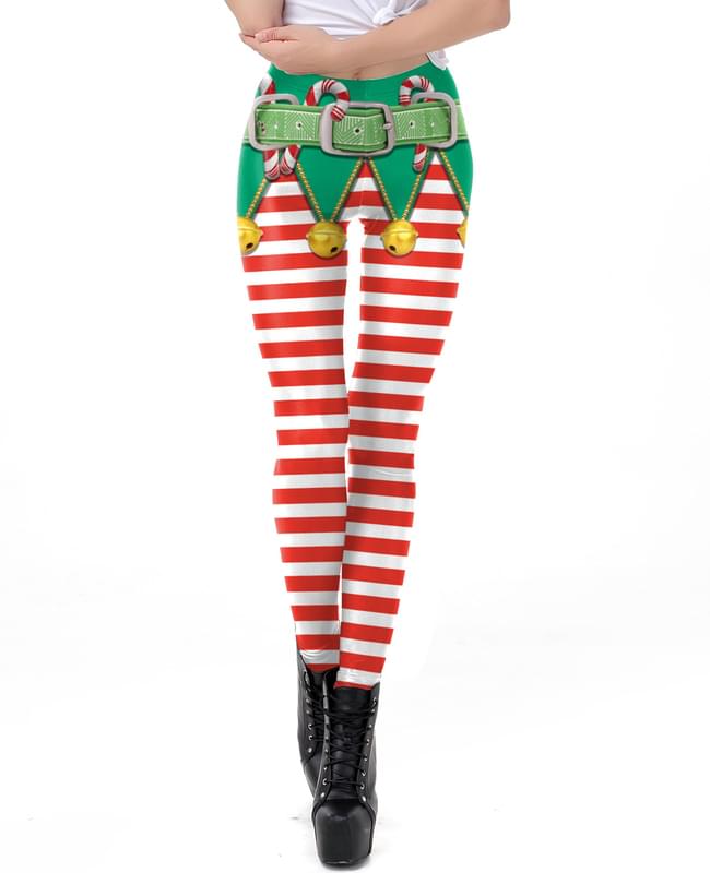 Women Elf Candy Cane Ugly Christmas Leggings Red