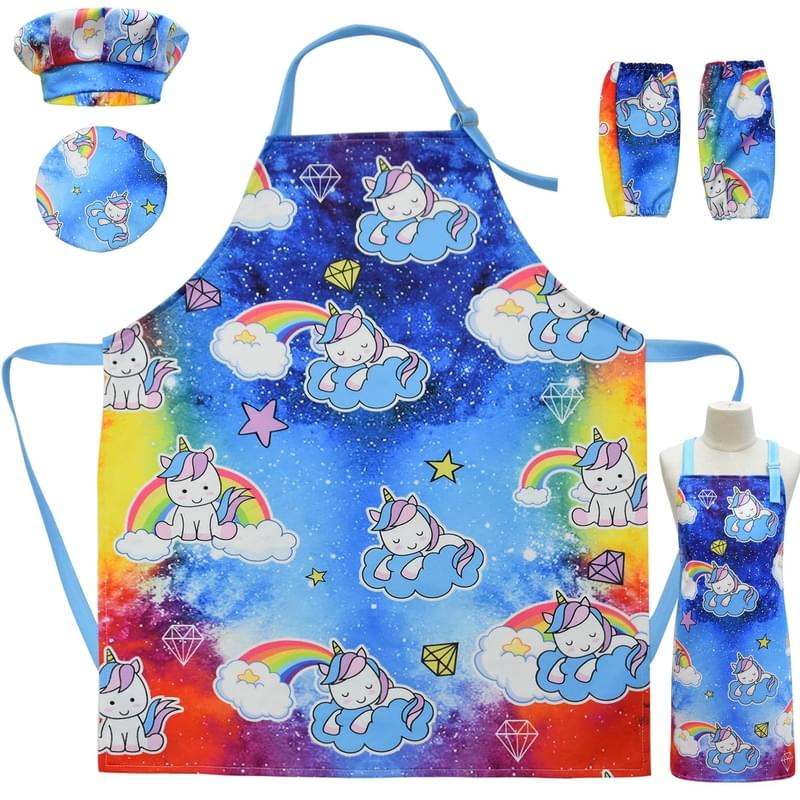 Girl Rainbow Unicorn Painting Apron With Chef Hat