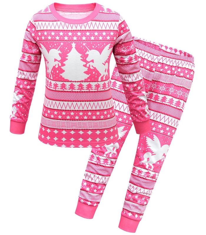 Kids Girl Unicorn Christmas Tree Print Pajamas Red