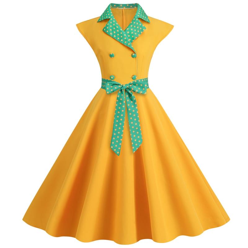 Women Button Button Tie Waist Flare Vintage Dress Yellow