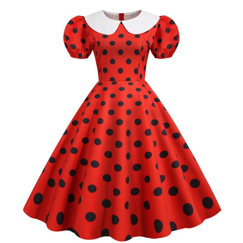 Women Collar Neck Polka Dot Flare Vintage Dress Red
