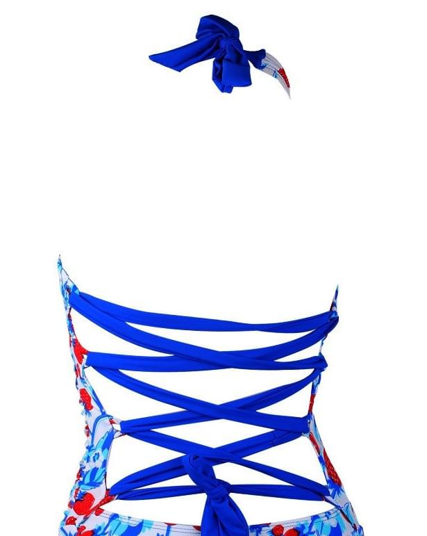 Women Strawberry Swim Dress Halter Lace Cross Back One Piece Swimsuit