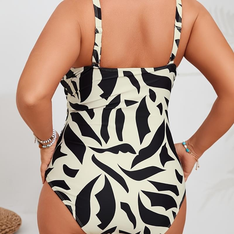 Women Balck Spaghetti Strap Print Plus Size One Piece Swim