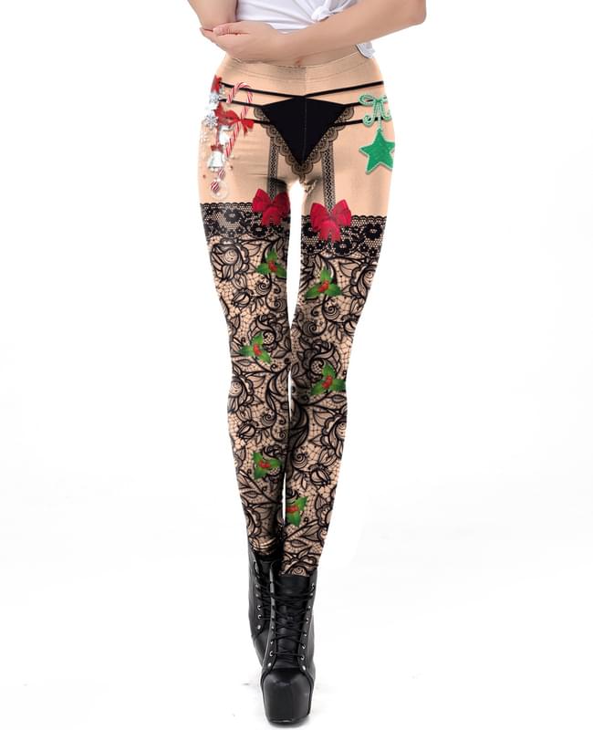 Women Funny Lace Print Ugly Christmas Leggings