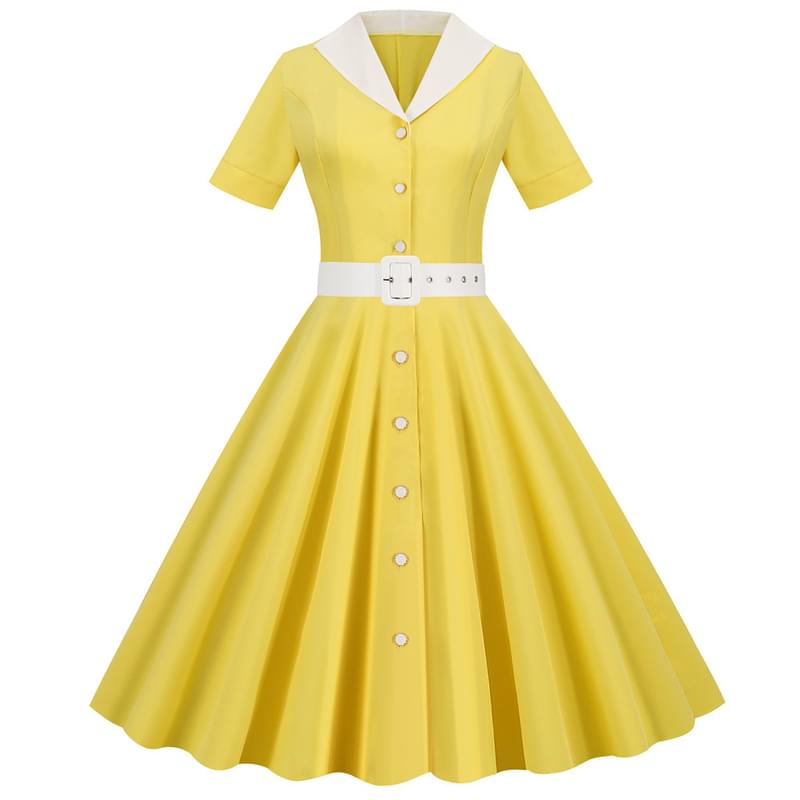 Women Polo Neck Plaid Flare Vintage Dress Yellow