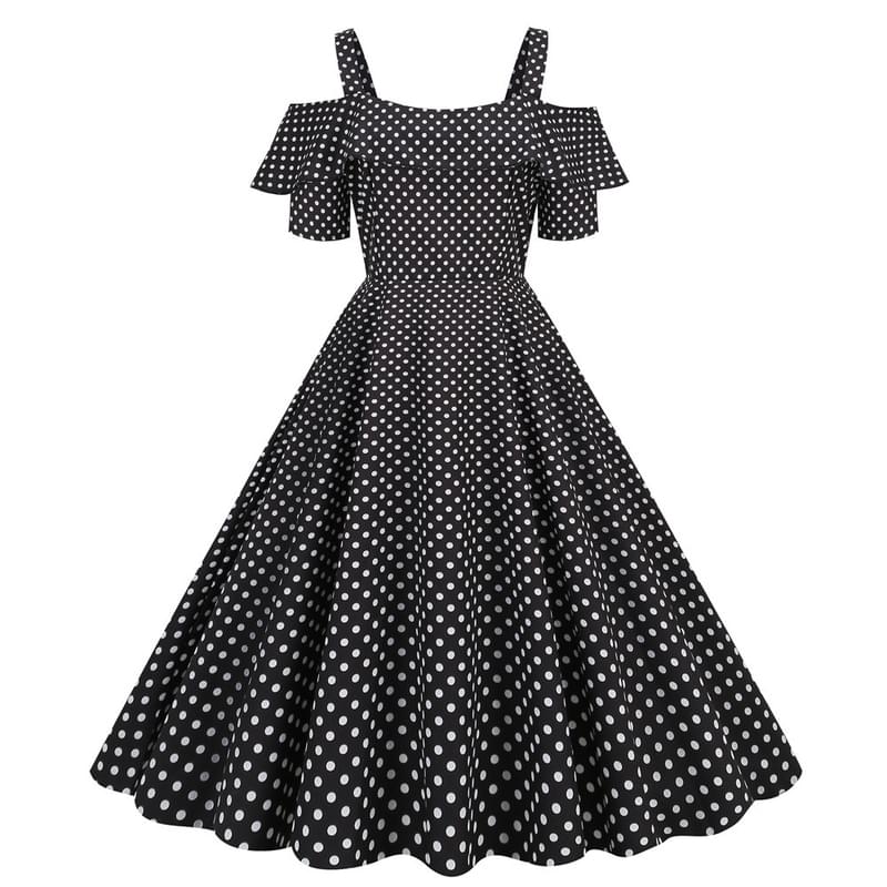 Women Off The Shoulder Ruffle Polka Dot Flare Vintage Dress Blac