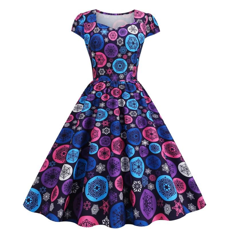 Women Short Sleeve Circle Mandala Print Flare Retro Dress