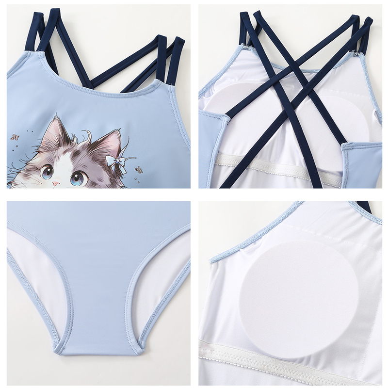 Juniors Blue Cat Print Cross Back One Piece Swimsuit