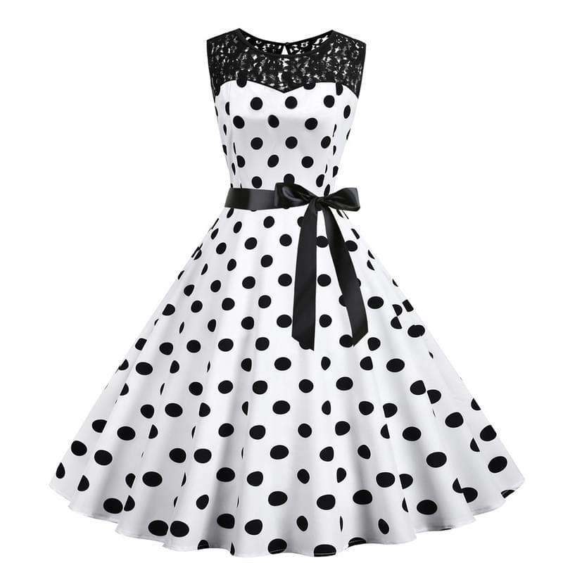 Women Sleeveless Tie Waist Polka Dot Flare Retro Dress White
