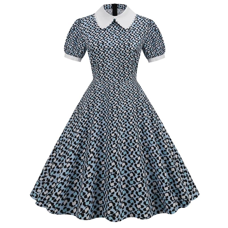 Women Short Sleeve Collar Neck Print Flare Retro Dress Blue