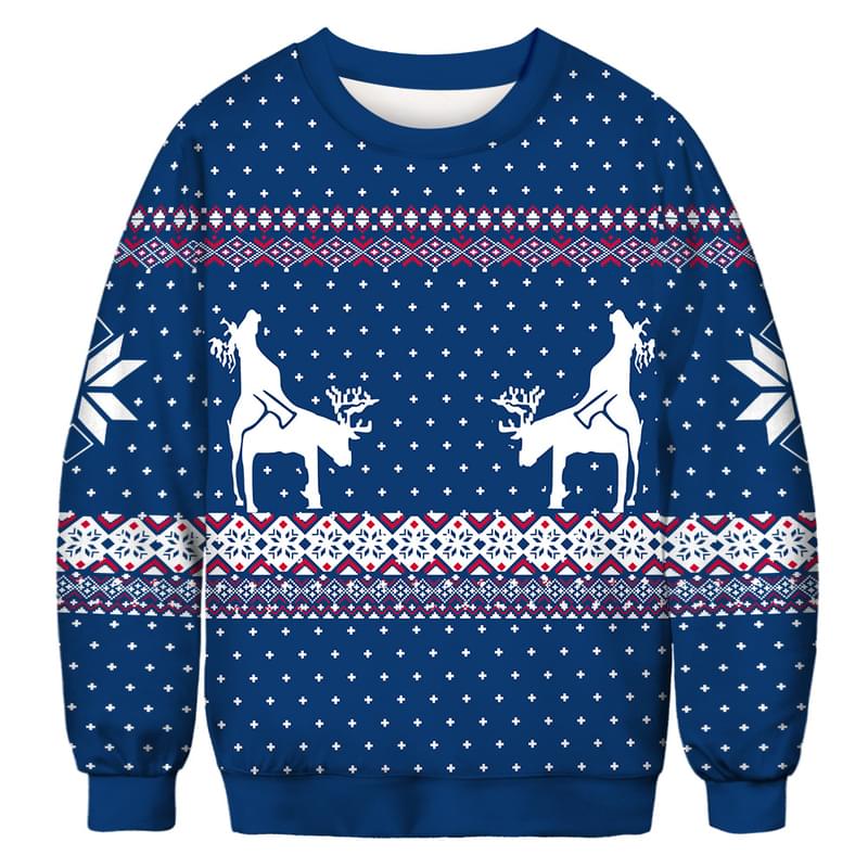 Reindeer Print Ugly Christmas Hallmark Couples Sweatshirt Blue