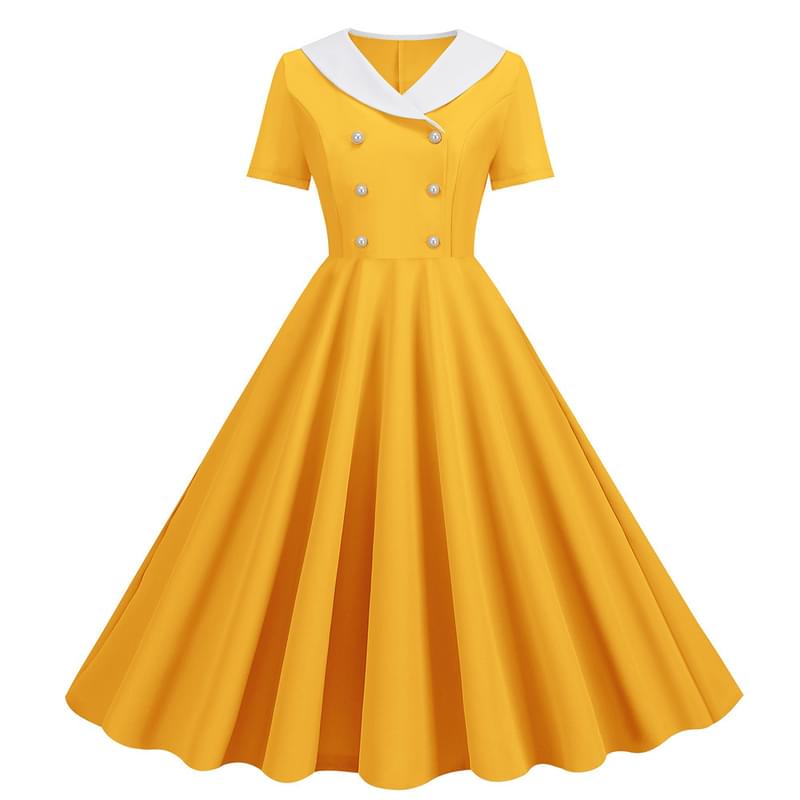 Women Polo Neck Button Button Flare Vintage Dress Yellow