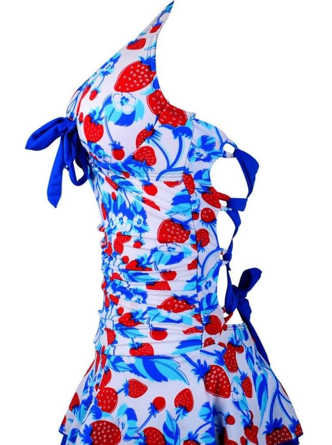 Women Strawberry Swim Dress Halter Lace Cross Back One Piece Swimsuit