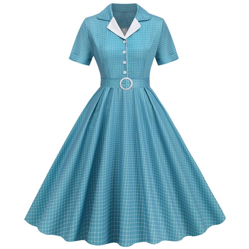 Women Polo Neck Plaid Flare Vintage Dress Blue