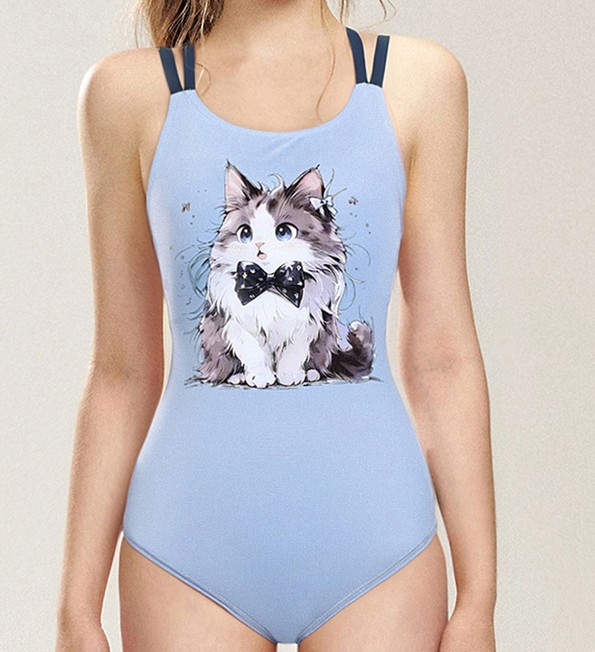 Juniors Blue Cat Print Cross Back One Piece Swimsuit