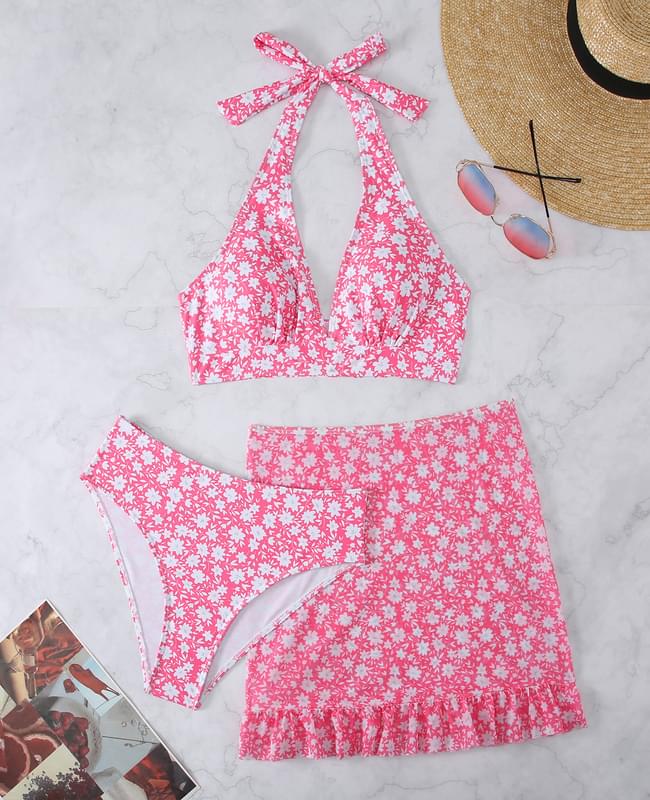 Pink Top Bikini Halter Flower Print Ladies Two Piece Swimwear 3 Set