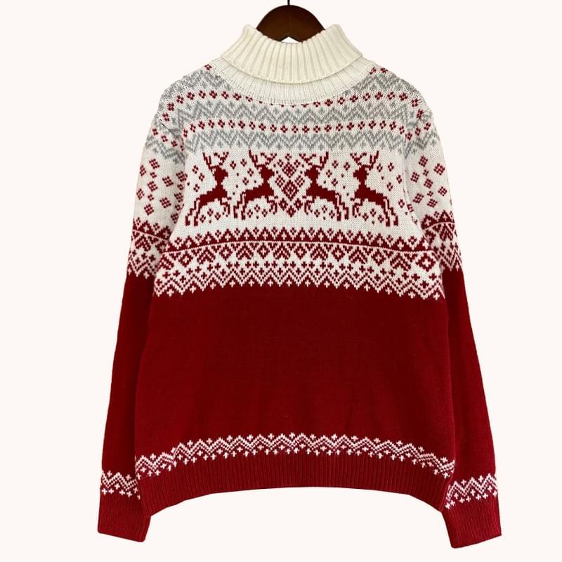 High Necked Snowflake Reindeer Print Couples Christmas Jumpers