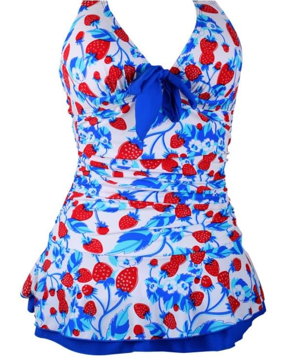 Women Strawberry Swim Dress Halter Lace Cross Back One Piece Swimsuit