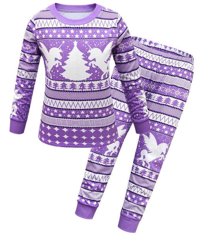 Kids Girl Unicorn Christmas Tree Print Pajamas Red