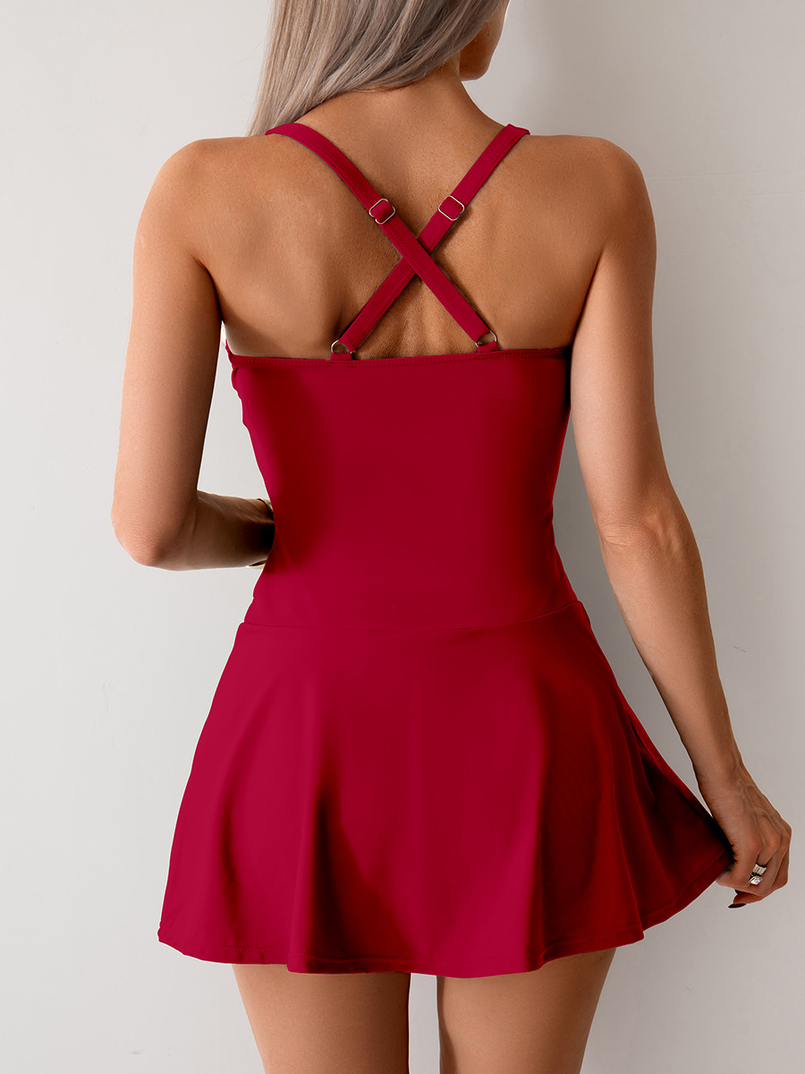 Womens Burgundy Cross Back Ruched One Piece Swimdress