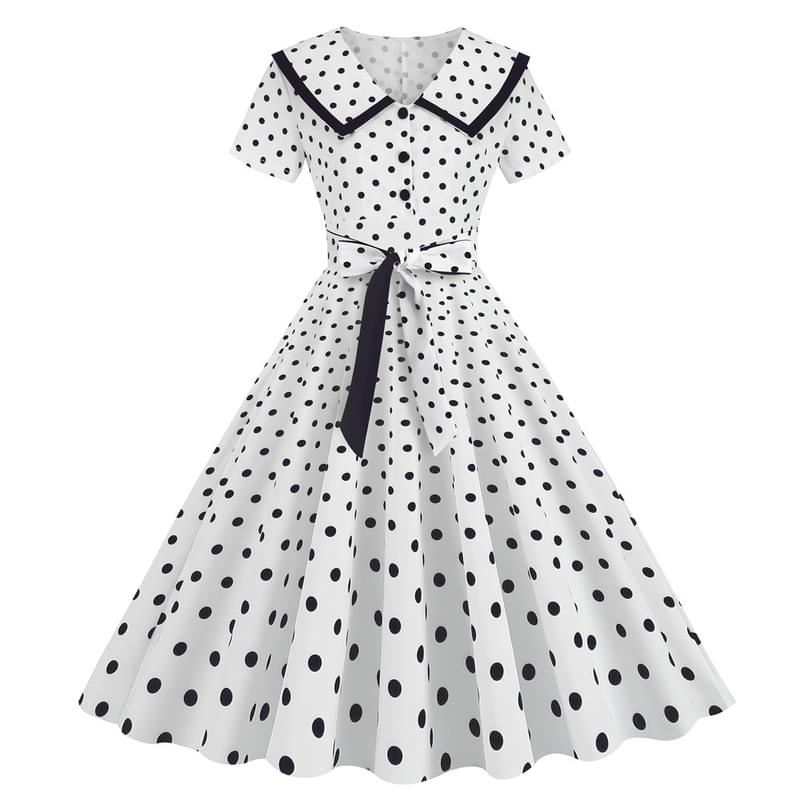 Women Short Sleeve Polka Dot Tie Waist Flare Vintage Dress White