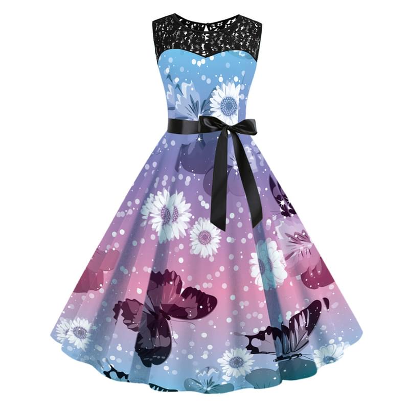 Women Sleeveless Butterfly Print Tie Waist Flare Vintage Dress