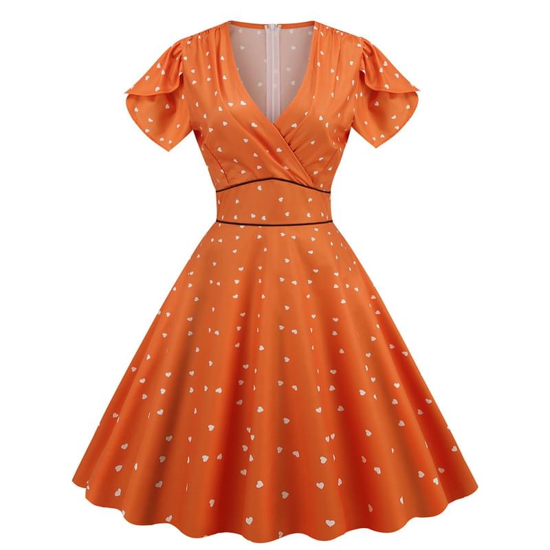 Women Wrap V Neck Heart Shape Print Flare Vintage Dress Orange