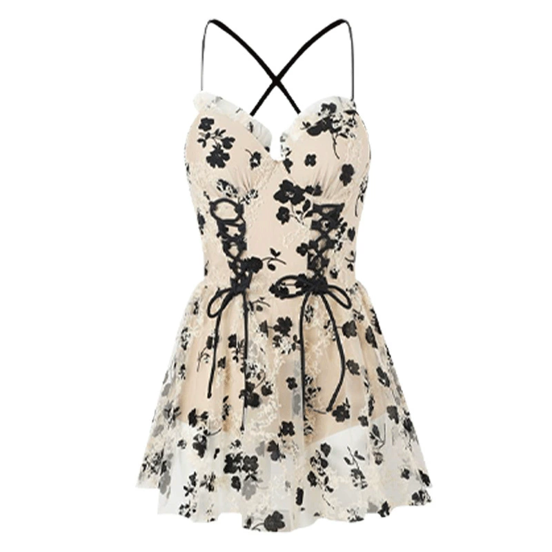 Womens Swimdress Lace Up Cross Back One Piece Swimsuit