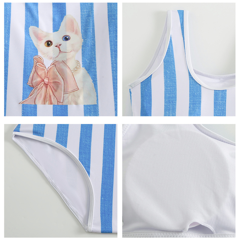 Juniors Cute Cat Print Blue White Striped One Piece Swimsuit