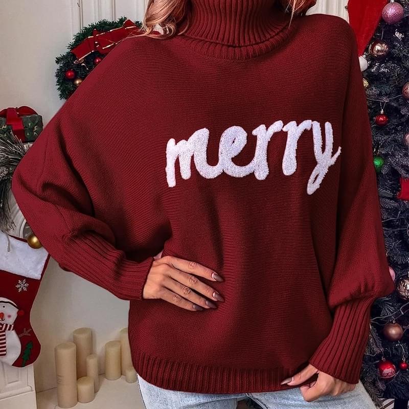 Cute High Neck Merry Print Christmas Sweaters Red