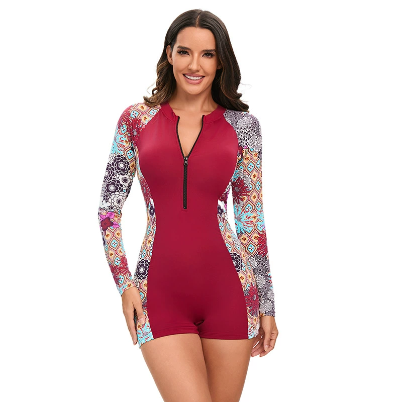 Women Long Sleeve Zipper Surfing One Piece Swimsuit