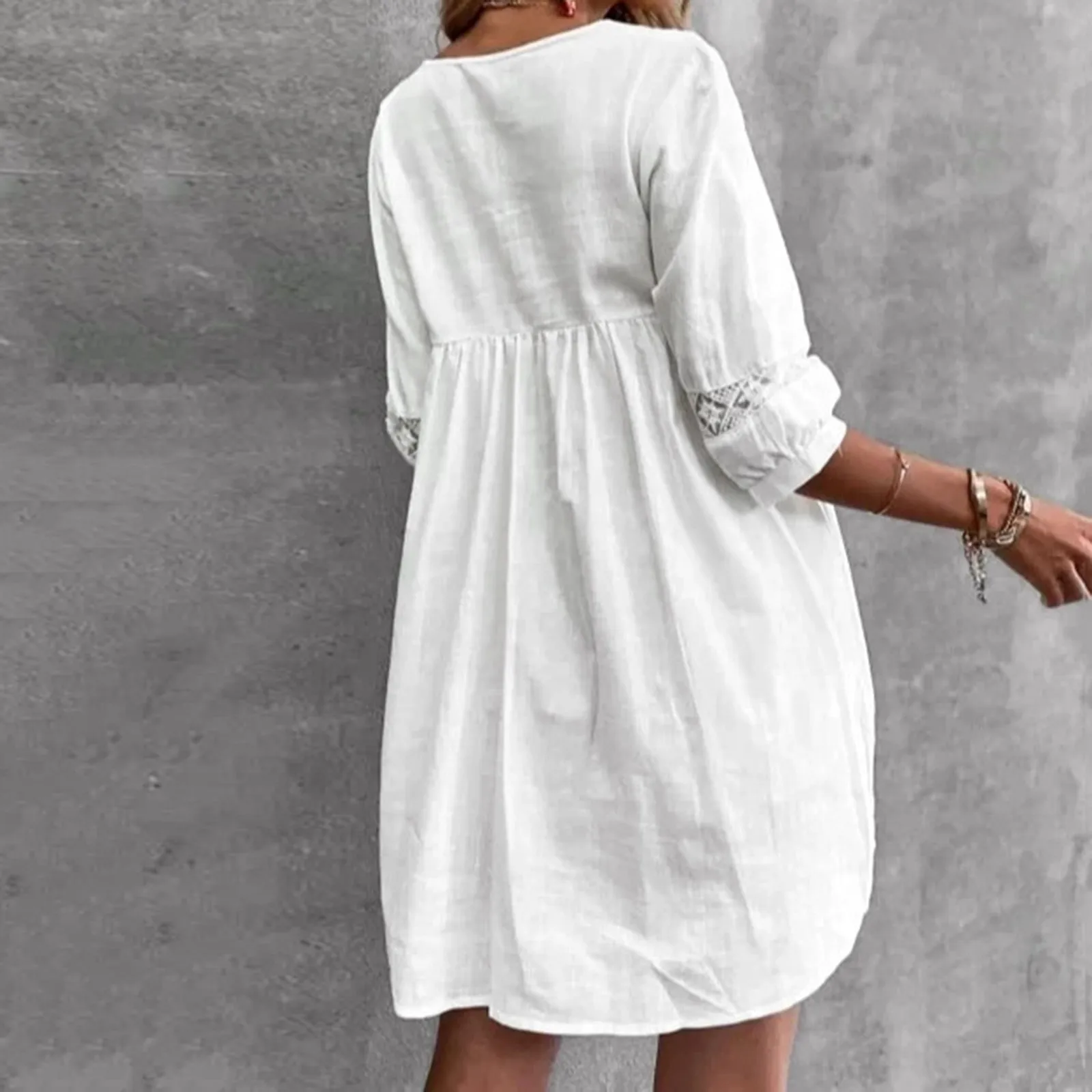 New Casual Loose Smocked Sundress Summer Vintage Lace V Neck Short Sleeve Dress Women Sling Half Sleeve Beach Dresses Vestidos