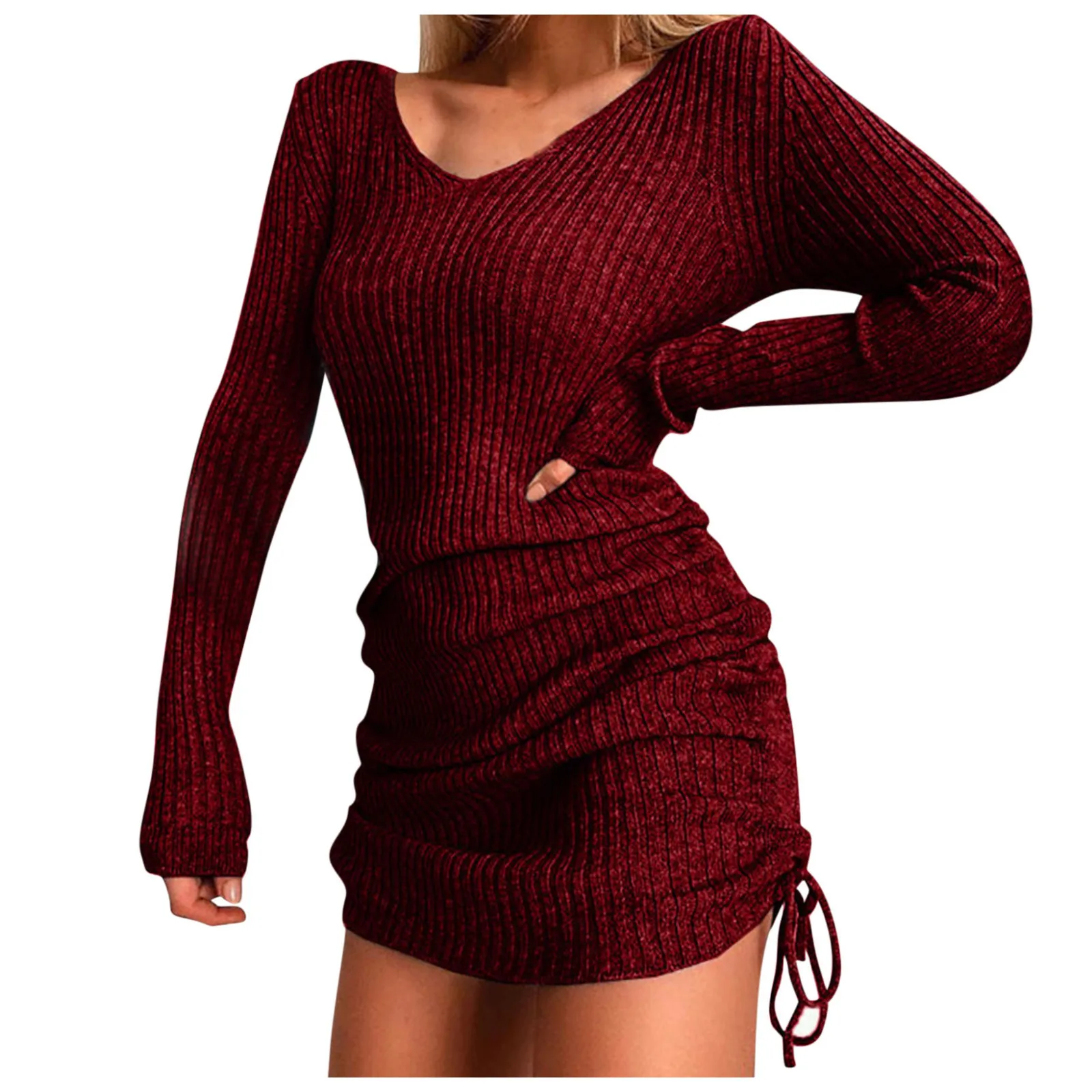 Elegant Autumn Solid Knit Sweater Dresses for Women Winter Long Sleeve Ribbed Drawstring Mini Dress Casual Slim Bottoming Dress