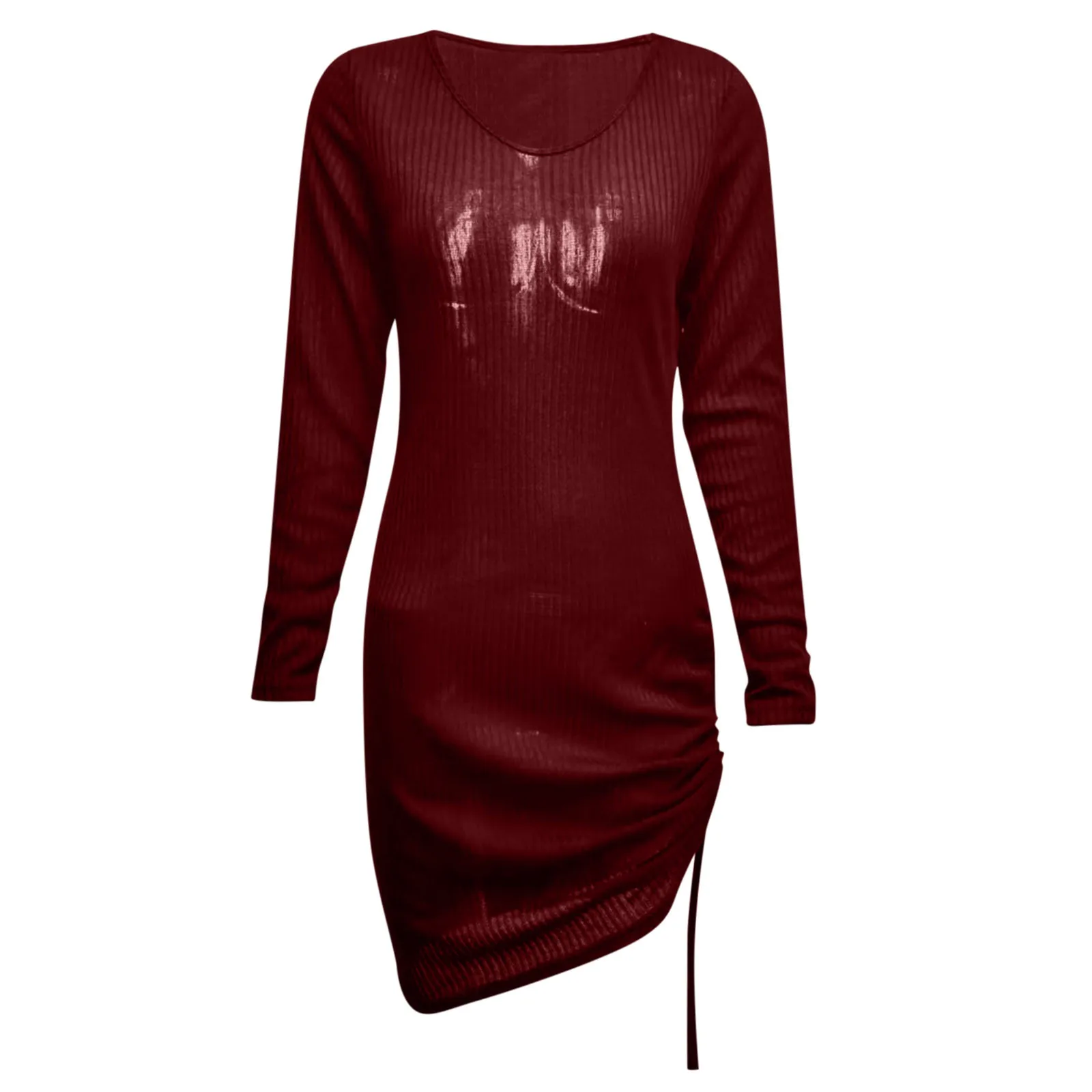 Elegant Autumn Solid Knit Sweater Dresses for Women Winter Long Sleeve Ribbed Drawstring Mini Dress Casual Slim Bottoming Dress
