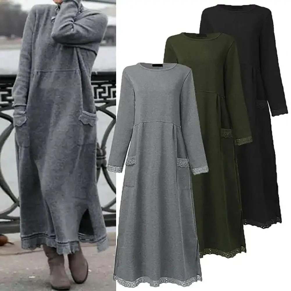 Fleece Lining Ankle Length Warm Autumn Winter Solid Color Oversized Warm Pullover Maxi Dress Winter Dress Streetwear