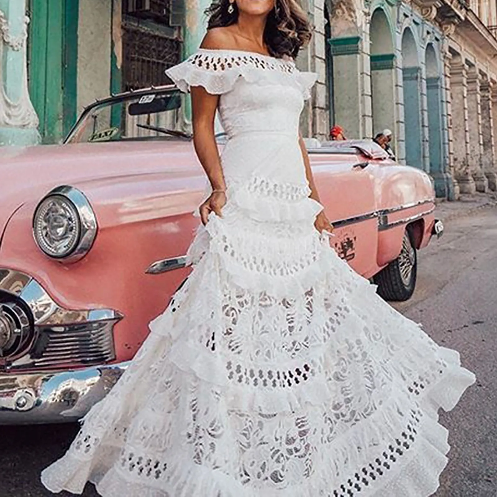Elegant Off Shoulder Solid Ruffle Long Evening Dress Summer Fashion Sleeveless Swing Dress Classic Lace Hollow Party Sexy Dress