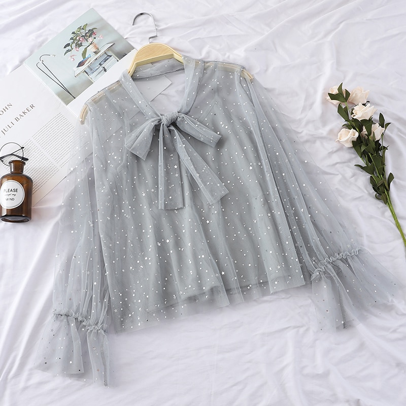 2PCS Women Flare Sleeve Bling Star Sequin Voile Basic Bow Shirt Vintage Elastic Bandage Strap Mesh Gauze Tulle Lace Blouse Tops