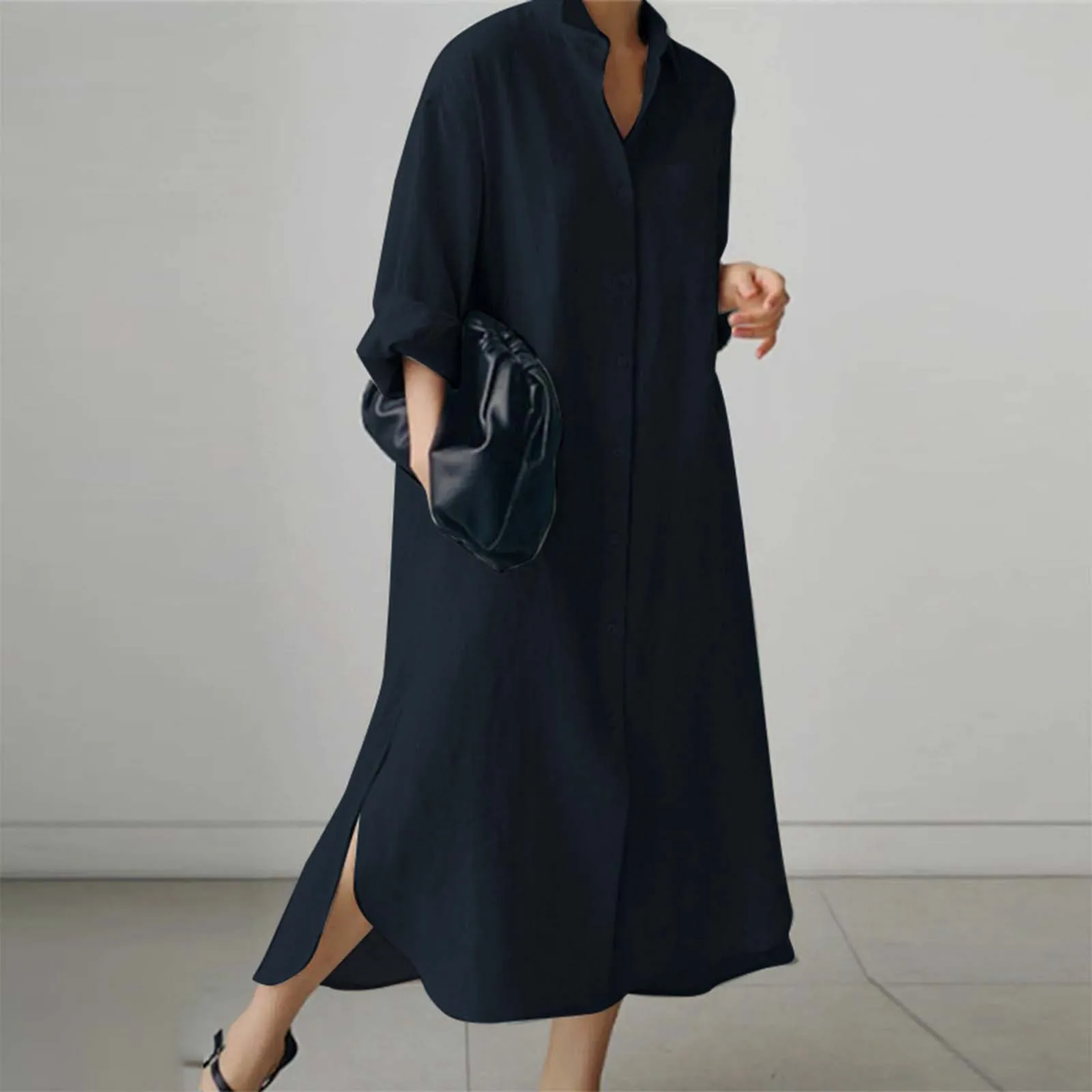 Oversized Shirts Dress Women Lapel Baggy Single Breasted Cotton Linen Dress Side Slit Long Sleeve Cardigan Curved Hem Long Dress